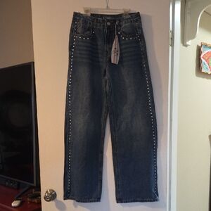 Elegant Blue Wide Leg Jeans with Studded Accents